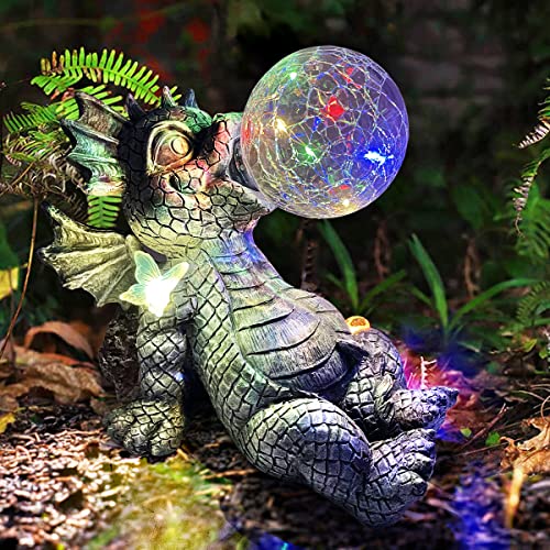 Perfectop Large Garden Dragon Statue, Adorable Baby Dragon Decor Figurines With Solar Lights, Funny Dinosaur Gargoyle Sculpture, Outdoor Patio Yard Lawn Decorations, Halloween Christmas Ornament Gift #TOP4