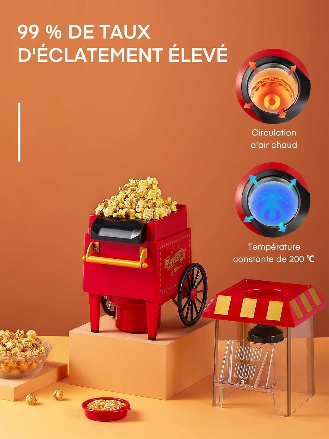 Máquina de palomitas de maíz para casa, aire caliente, 1200 W, rojo vintage, sin aceite, dosificador y contenedor incluido, palomitas de maíz rápidas para cine en casa