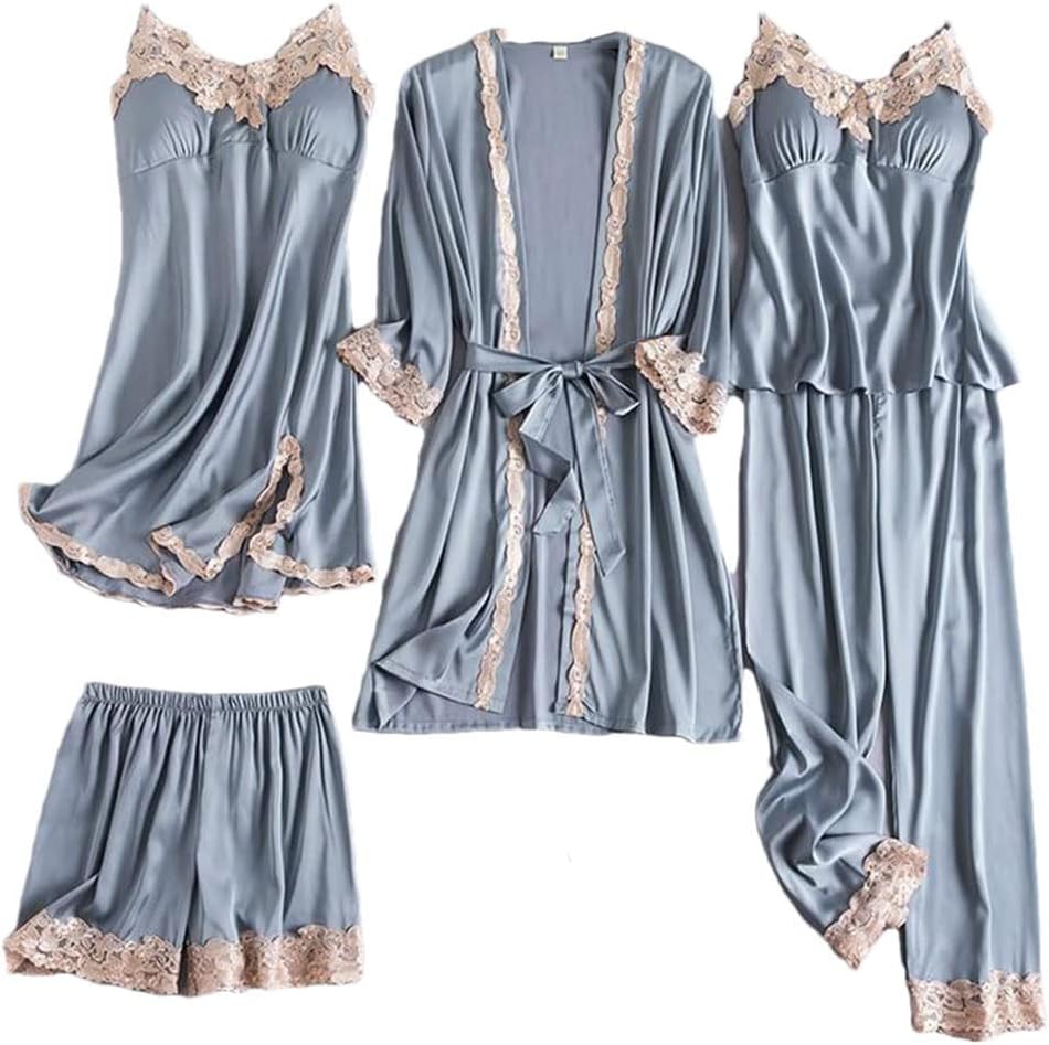 Haitpant 5Pcs Robe Set Satin Rayon Bathrobe Women Sexy Kimono Bath Gown Loose Sleepwear Nightwear Bridesmaid Robes Suit