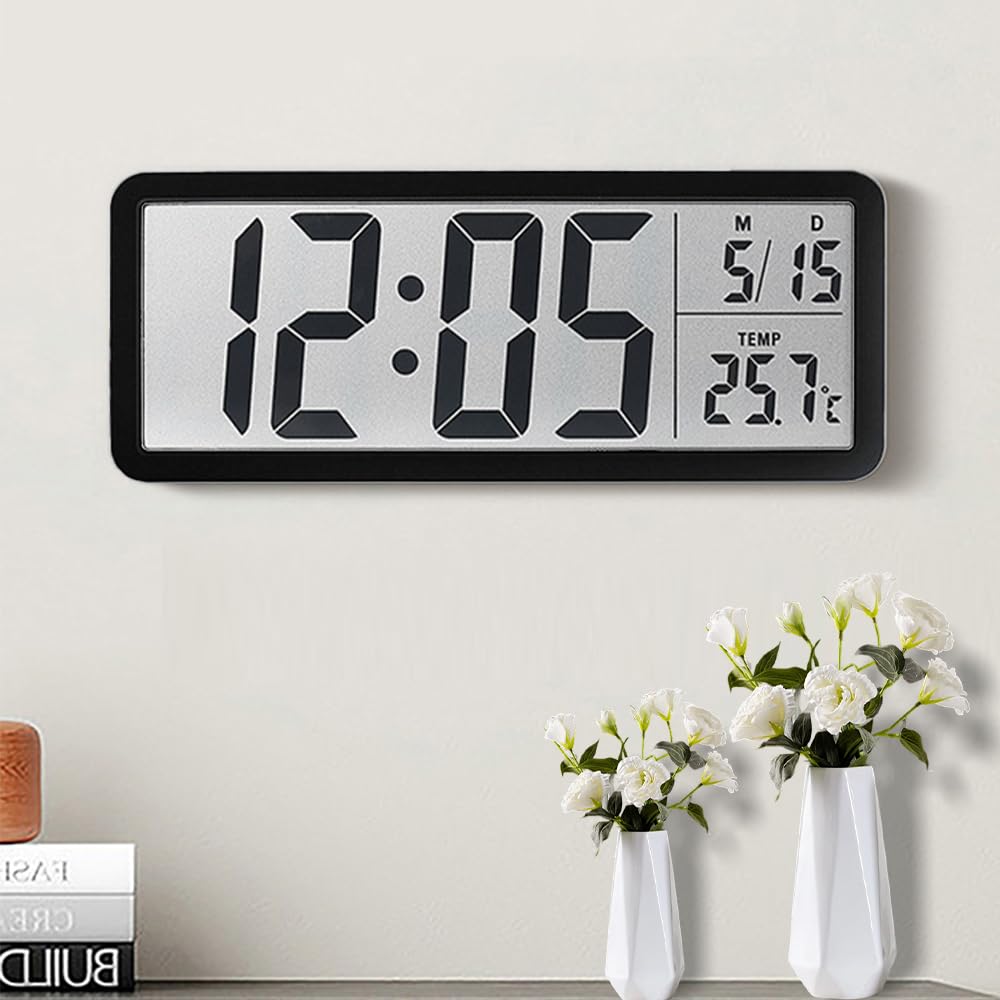 Jonuin Digital Wall Clock, 8'' LCD Digital Wall Clock with Time, Temperature, Date Display, Battery/USB Operated Wall Clocks for Living Room, Bedroom, Kitchen, Desk (Black) — image 1