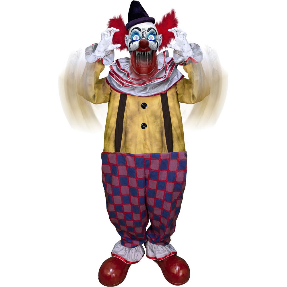 Haunted Hill Farm Motion-Activated Startling Arms Clown by Tekky, Talking Scare Prop Animatronic for Indoor or Covered Outdoor Creepy Halloween Decoration, Plug-in or Battery Operated