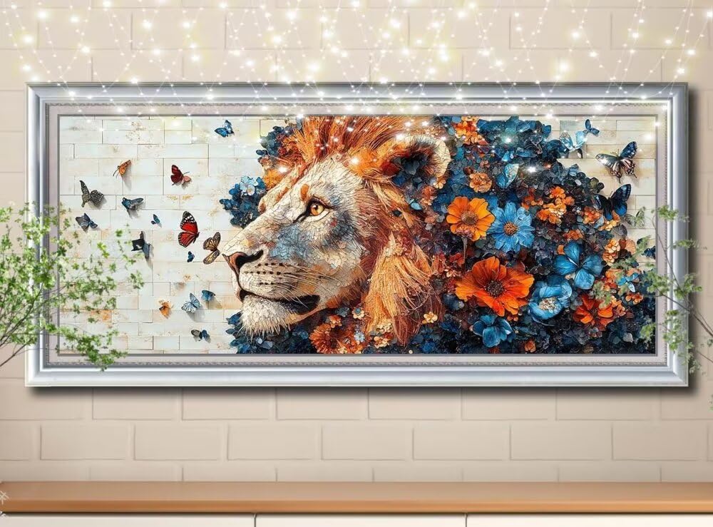 Lew, Piwonia DIY Zestaw do malowania diamentami, 5D Malarstwo diamentowe dla dorosłych dużych 70 x 180 cm, haft krzyżykowy ze strasem, malowanie diamentami dla dziewczynki do dekoracji domu 58Y-13226