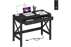 ChooChoo Black Computer Desk with Drawers and Charging Ports