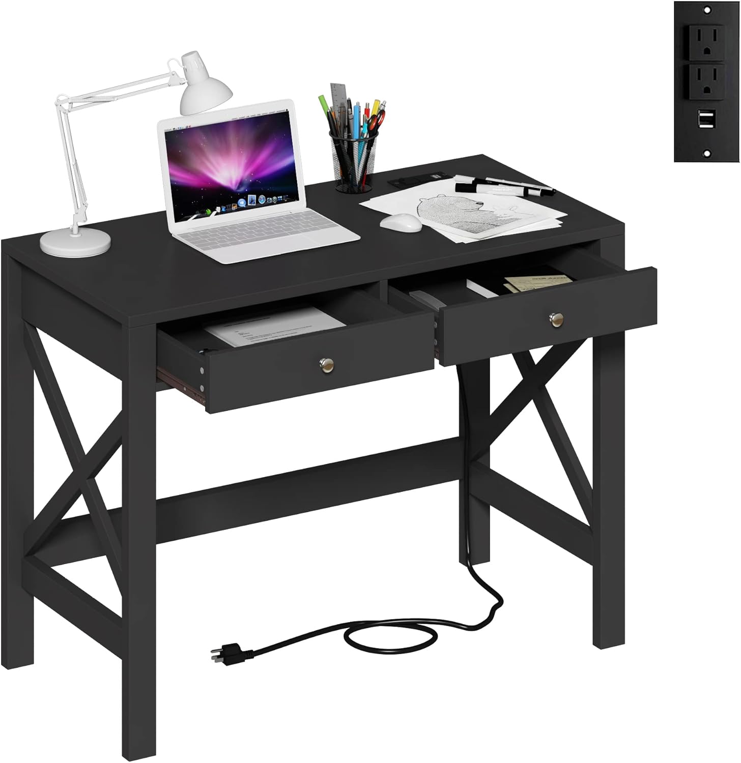 ChooChoo Computer Desk with USB Charging Ports and Power Outlets, 39" Black Desk with Drawers, Small Study Writing Table with Stable X Frame for Home Office Black With Power Outlets
