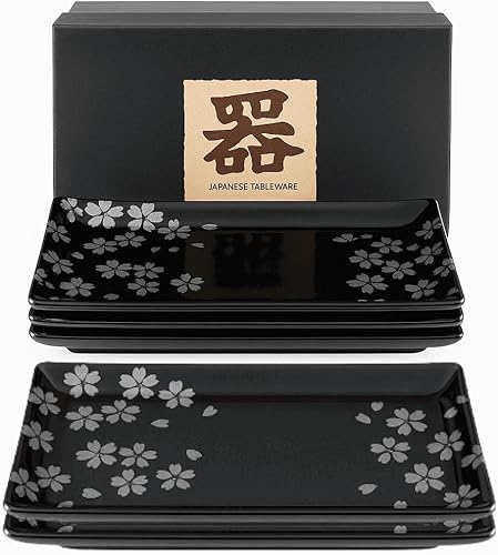 JapanBargain, Juego de regalo de platos de sushi de porcelana japonesa, plato rectangular de color negro con Sakura plateado, fabricado en Japón