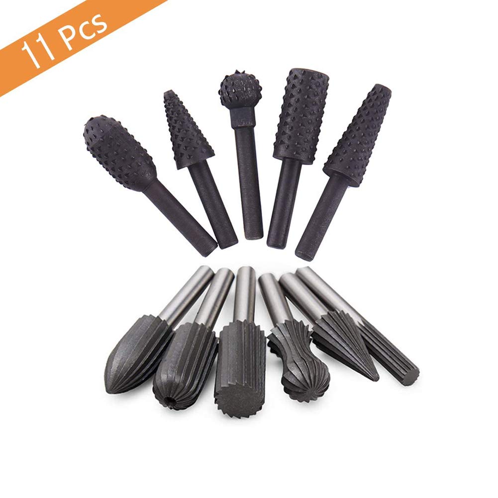 Rongon Carbide Burr Set 11Pcs Rotary File Burr Cutter, Woodworking File Rasp Chisel Die Grinder Bits Rotary File Rasp with 1/4 Inch Shank for DIY Carving, Polishing, Engraving and Drilling (11Pcs)