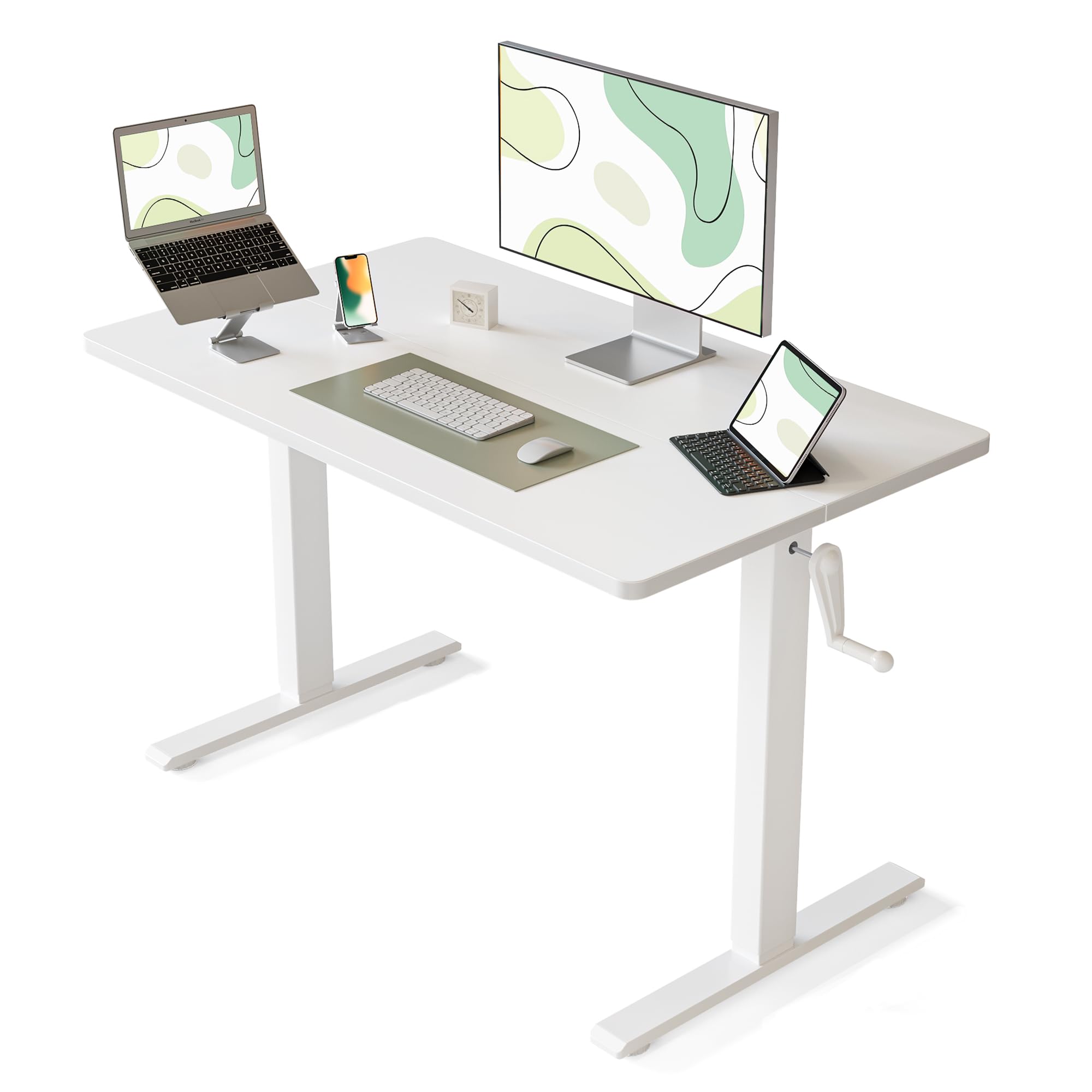 FEZIBO Crank Height Adjustable Desk, 40 Inches Manual Standing Desk, Writing Table with Handle, Home Office Desk with White Frame/White Table Top
