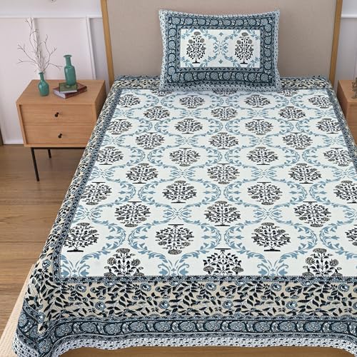Image of 100% Cotton Single Bedsheet with 1 Pillow Cover | 240 TC Pure Cotton Flat Bed Sheet | Traditional Jaipuri Printed Bedding Set | Soft & Breathable | 60 x 90 Inch (Rangmahal Single 44)