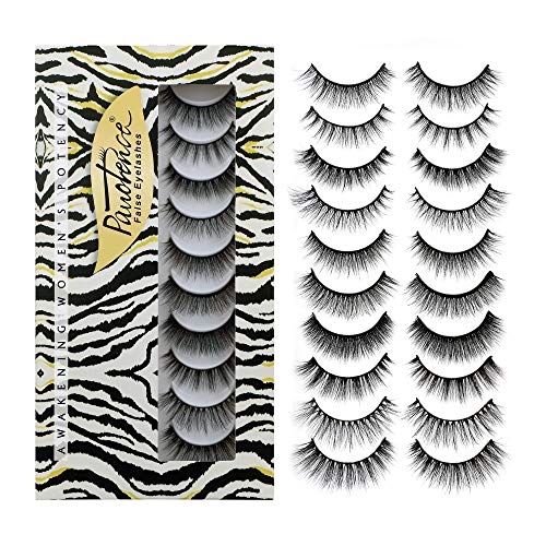 Pawotence Natural Cat Eye Faux Mink Lashes Pack 10 Styles Mixed False Eyelashes Soft Light Volume Wispy 10 Pairs Lightweight Reusable Handmade Makeup Fake Eyelashes Pack