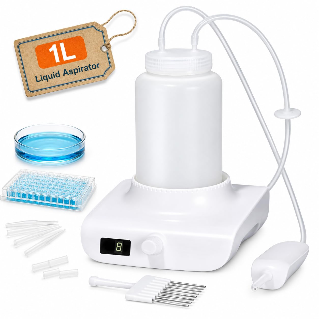 Reciclador de líquidos residuales con aspirador de vacío de banco de laboratorio de 1 litro, ajustable en 8 velocidades, succión de 1,6 l/min, pantalla LED, filtro de 0,45 μm para uso en laboratorio