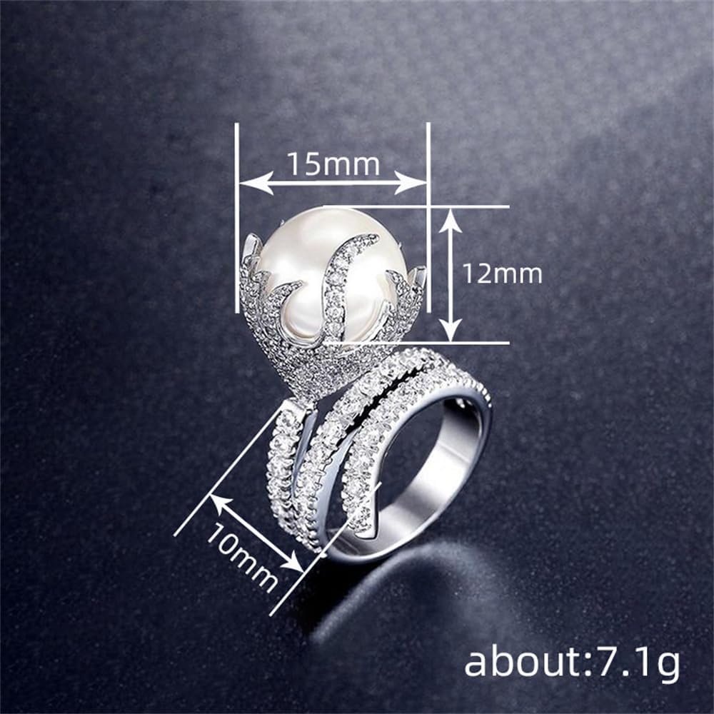 Exaggerated Imitation Pearl CZ Statement Wrap Ring for Women Silver Plated Unique Style Crystal Flower Layered Big Round Pearl Stacking Finger Rings Comfort Fit Fashion Jewelry for Wedding Her - Image 2