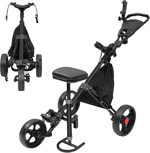 ILVGOLF Carrito de golf de 3 ruedas, carrito plegable de golf con taburete desmontable, bolsa de marcador, freno de pie, soporte de paraguas,