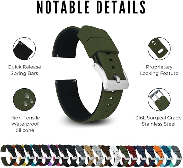 Barton Elite Silicone Watch Bands - Quick Release - Choose Color - 18mm, 19mm, 20mm, 21mm, 22mm, 23mm & 24mm Watch Straps (Stainless & Black Buckle Available) - 4