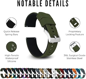 Barton Elite Silicone Watch Bands - Quick Release - Choose Color - 18mm, 19mm, 20mm, 21mm, 22mm, 23mm & 24mm Watch Straps (Stainless & Black Buckle Available)