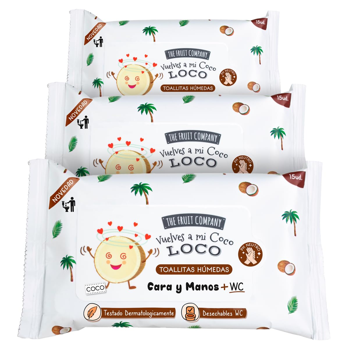 The Fruit Company - Toallitas Húmedas COCO Manos y Cara WC Formato Bolsillo Pack 3