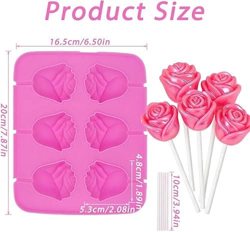 Miniatura 5 de Molde de paleta de rosas 3D, paquete de 2 unidades de silicona de grado alimenticio para hacer dulces con 6 palitos, para chocolate, gomitas,