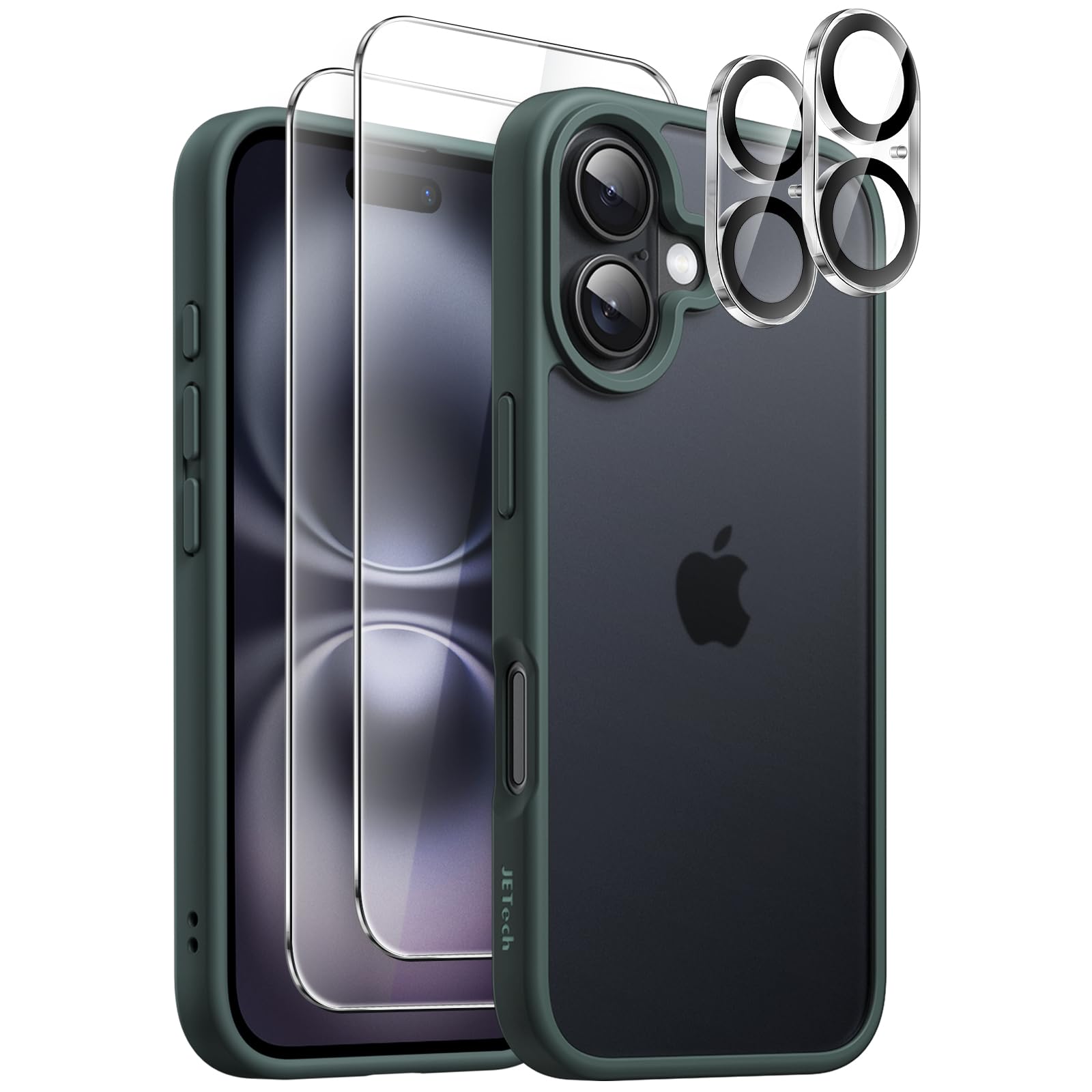 JETech 5 in 1 Matte Case for iPhone 16 6.1-Inch with 2-Pack Each Tempered Glass Screen Protector and Camera Lens Protector