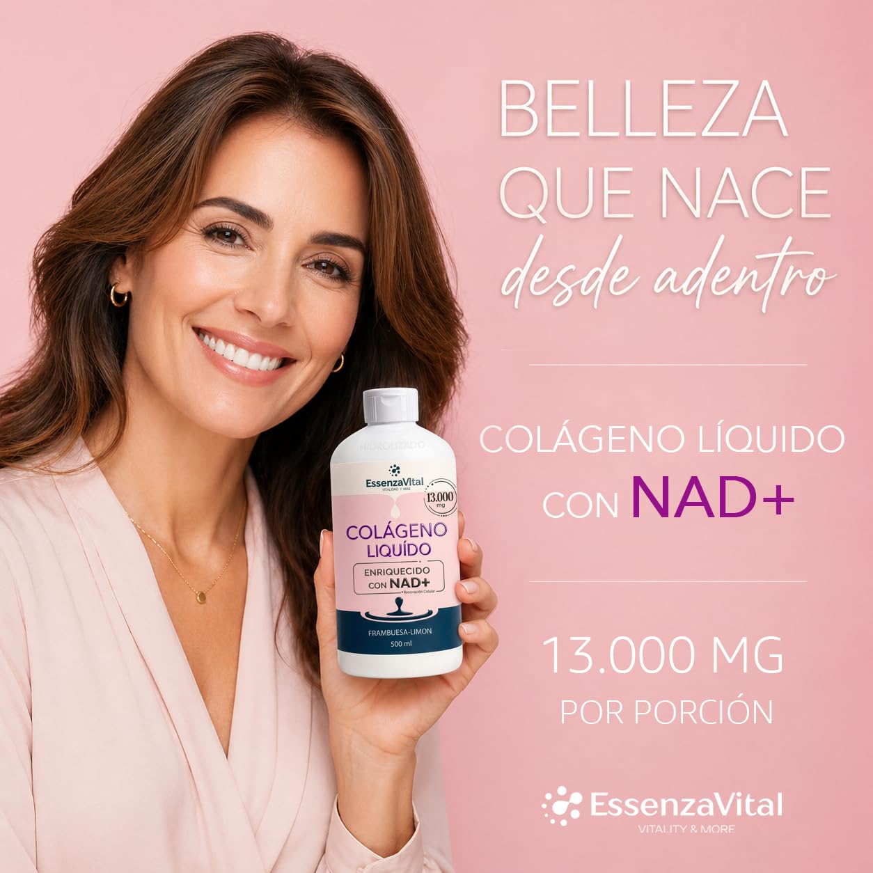 Colágeno Hidrolizado Líquido 13.000mg con NAD+ y Ácido Hialurónico para Mujeres - Bebible 13g por Dosis - Piel, Cabello y Uñas - Sabor Frambuesa-Limón - EssenzaVital Suplemento de Belleza 500ml (1Mes)