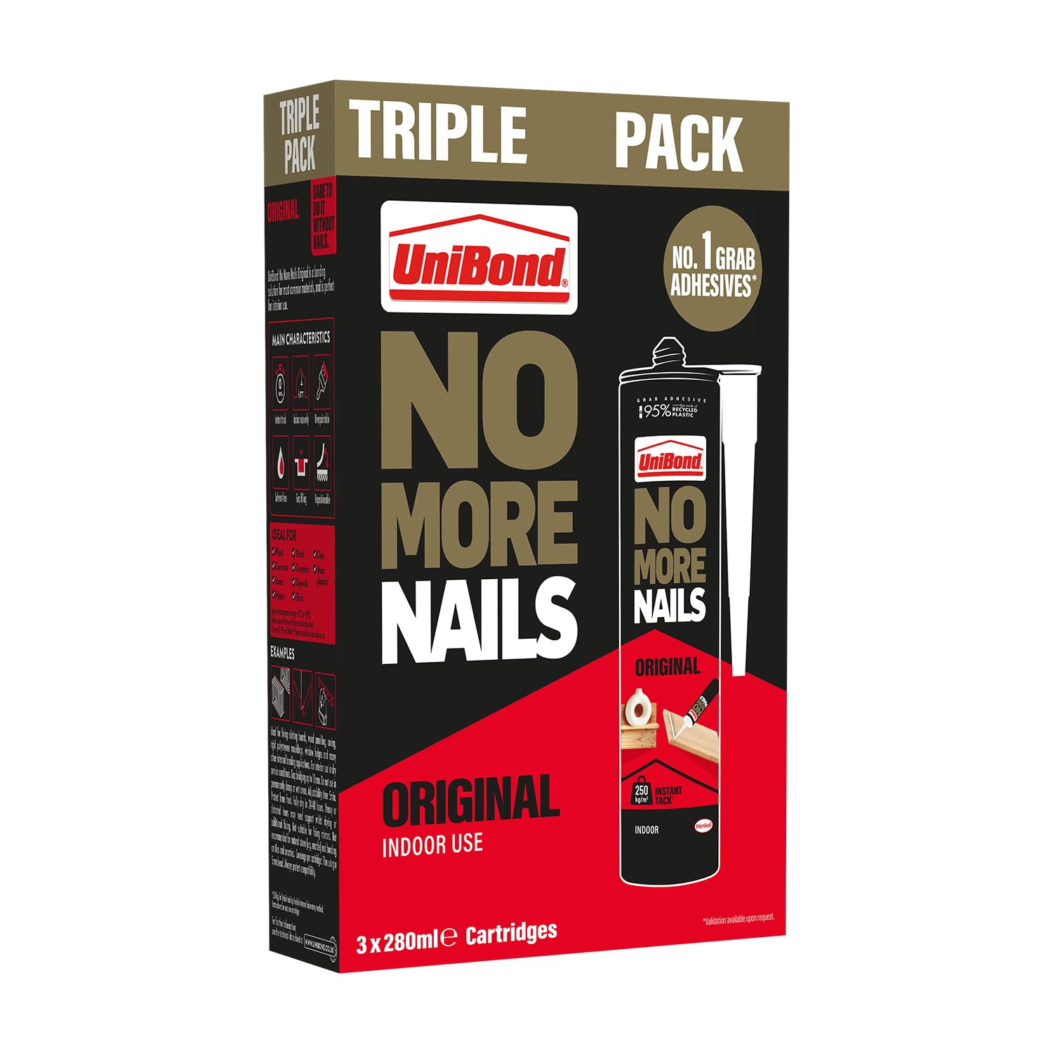 UniBond No More Nails Original, Heavy-Duty Mounting Adhesive, No Nails Strong Glue for Wood, Ceramic, Metal etc., White Instant Grab Adhesive, Pack of 3 (3 x 365g Cartridges)