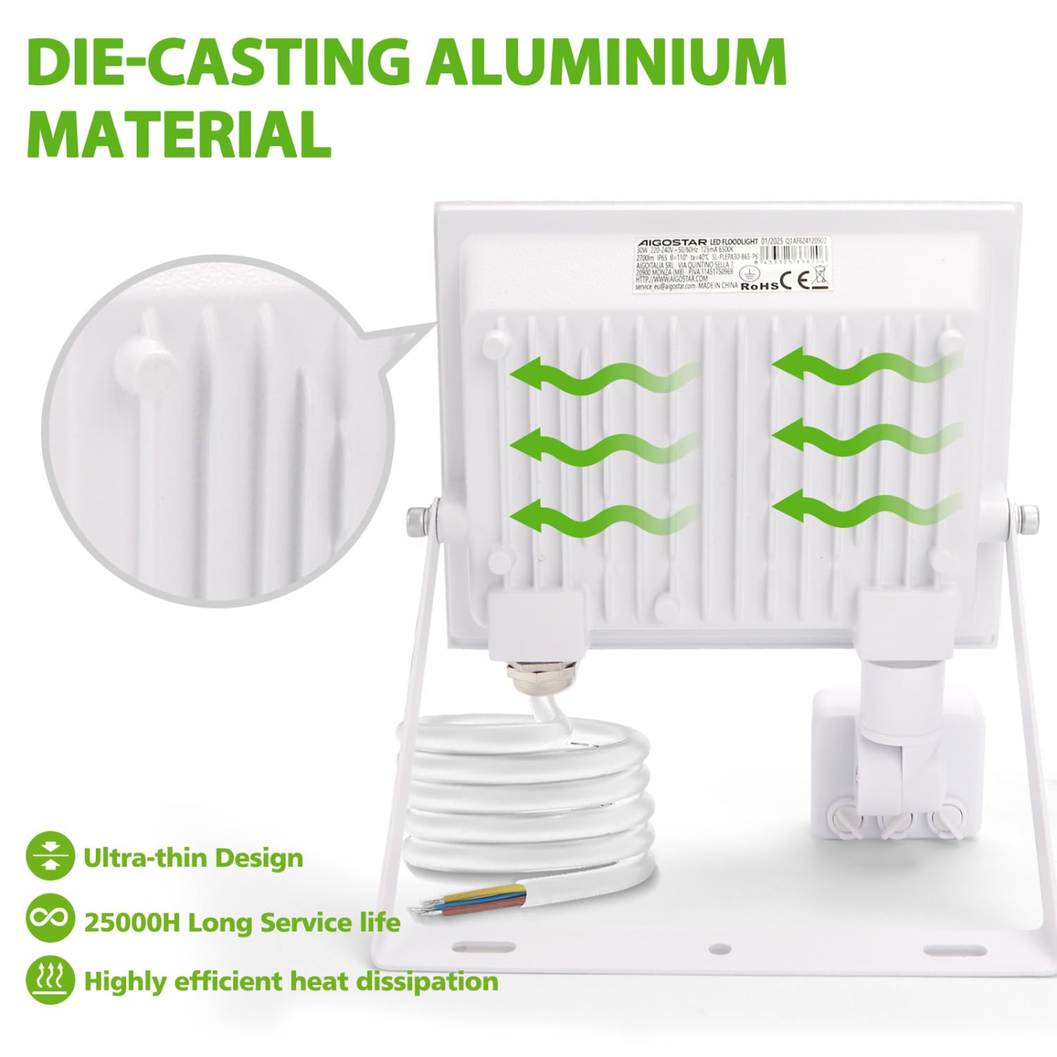 Aigostar Faretto LED con Sensore di Movimento PIR,30W 2700LM Faro LED Esterno,Bianco Freddo 6500K,IP65 Impermeabile Faretti LED per Giardino, Cortile,Patio,Garage...