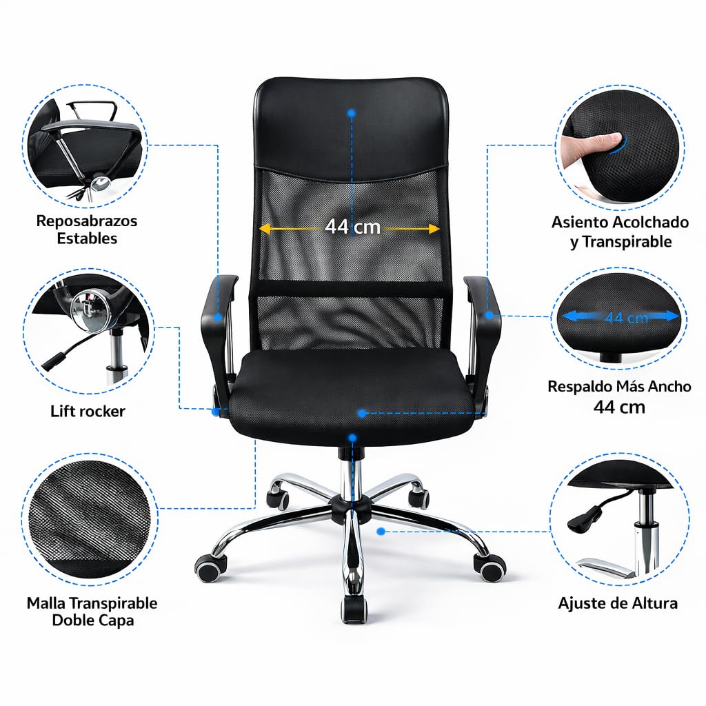 T-LOVENDO.ES Silla de Oficina ergonómica para Escritorio u Oficina. Respaldo Alto de Malla Transpirable y Piel sintética. Giratoria y con Ruedas. Diseño Bonito y Elegante. hasta 150kg.