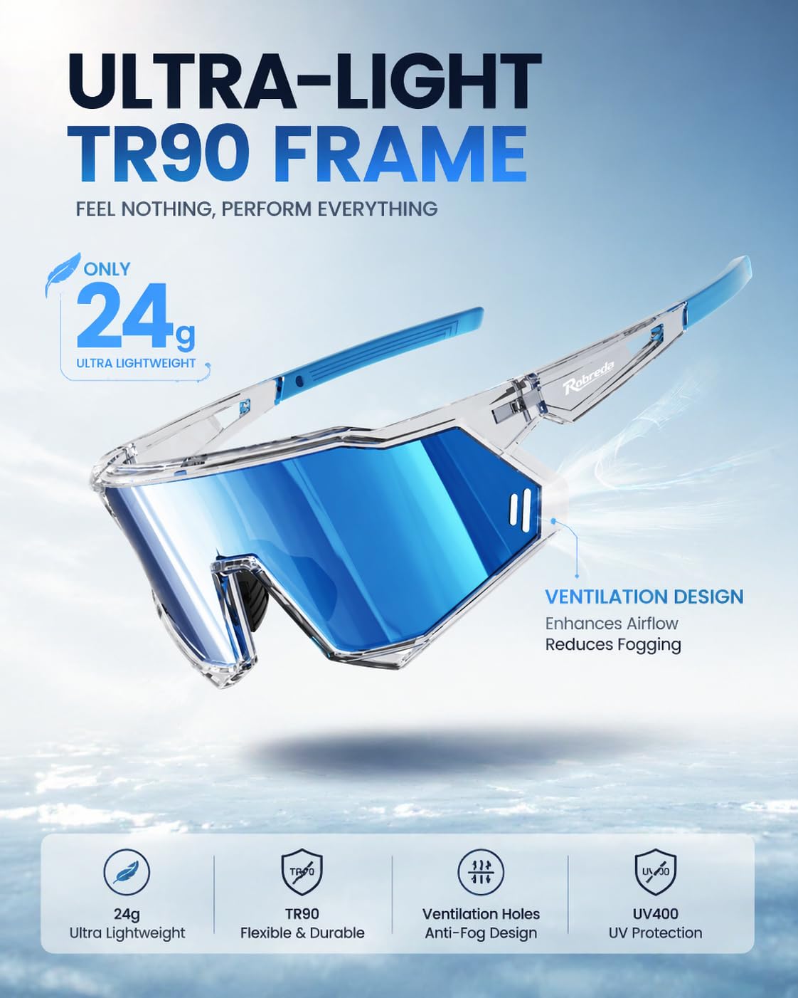 Schnelle Brille Herren, [34G TR-90 Ultraleicht] Fahrradbrille Herren Damen, UV400 Schutz Sportbrille, Voller Rahmenschutz, Verstellbare Nasenpads & Bügel, rennrad brille
