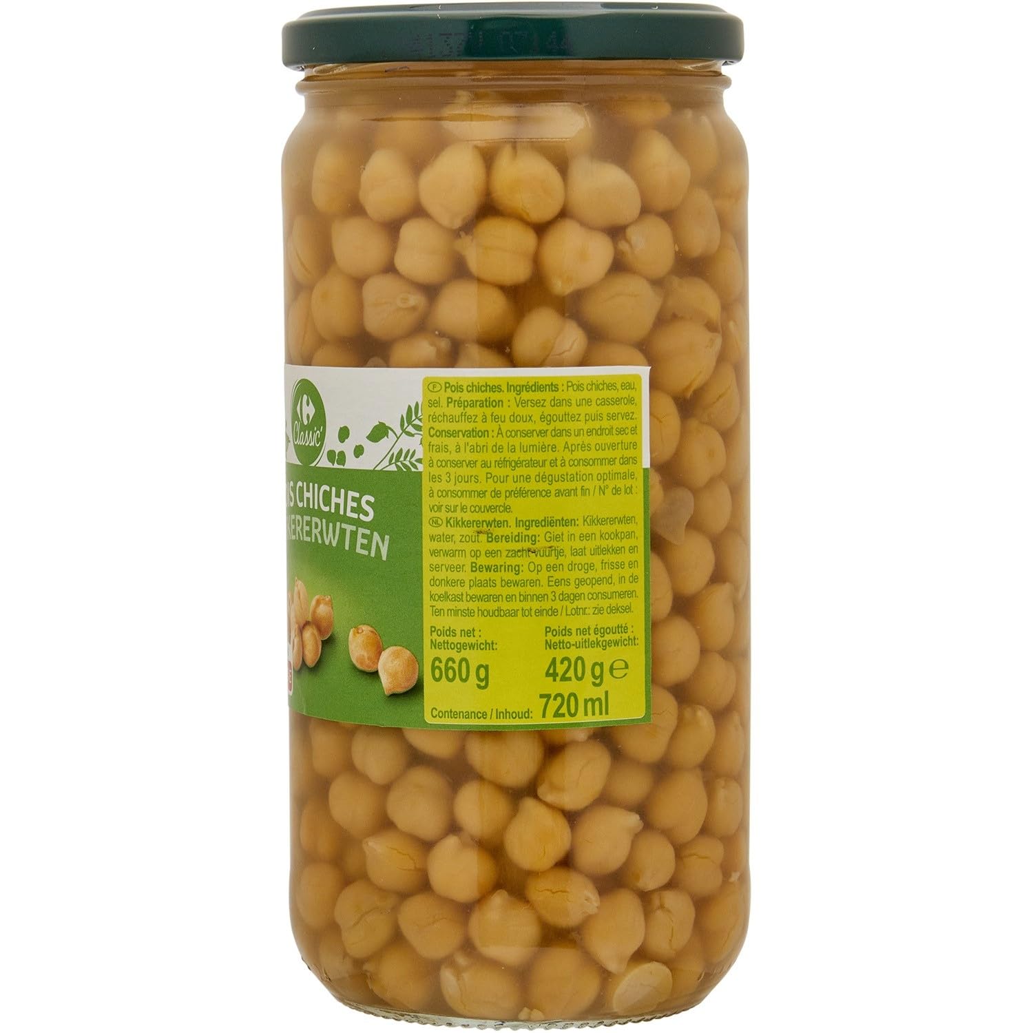 CARREFOUR CLASSIC' - Pois Chiches - Pois Chiches en Conserve - la boite de 420g net égoutté - 660g - Le Lot De 4