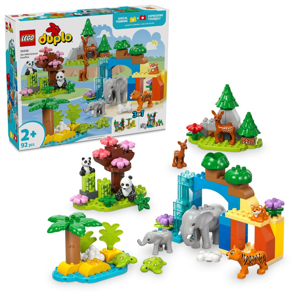 LEGO DUPLO 3in1 Wild Animal Families Set, Montessori Toddler Learning Toy with Turtle, Tiger, Elephant, Deer and Panda Figures for 2 Plus Years Old Girls and Boys 10446