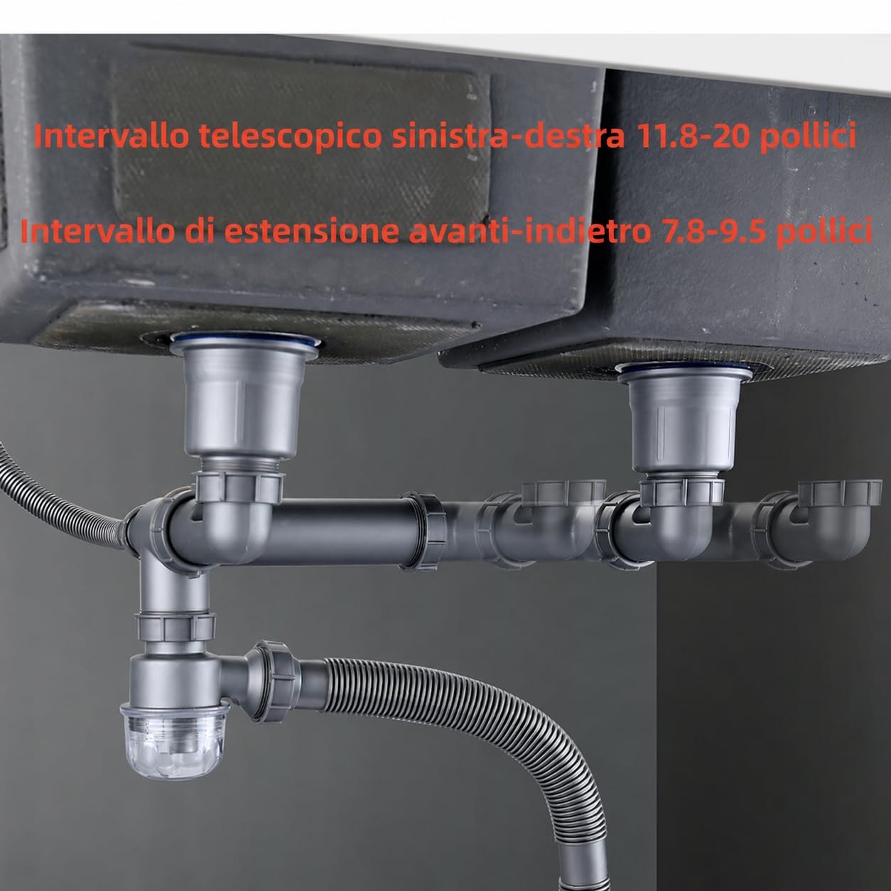 Set di scarico per doppio lavello - Set di scarico per lavello da cucina salvaspazio - Sifone flessibile estensibile 114mm - Set di montaggio per scarico lavello con adattatore di