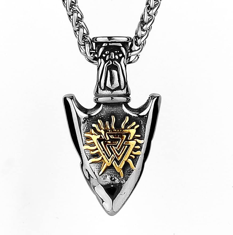 Viking Double Sided Engraved Arrow Spearhead Pendant, Odin Vegvisir Valknut Stainless Steel Amulet Necklace, Nordic Mythology Gothic Jewelry Gift for Men,Mixed Gold,60CM