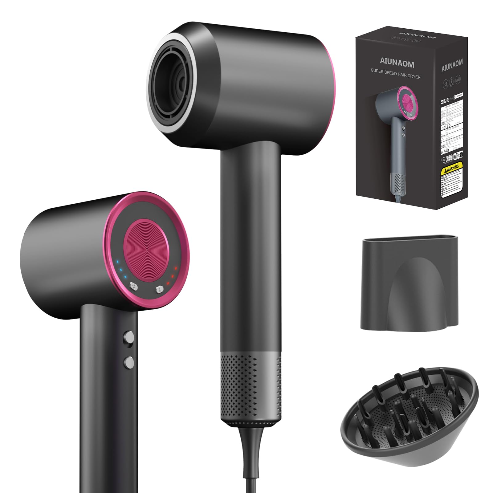 AIUNAOM Phon Capelli Professionale 160.000 giri/min- 500 Milioni Di Ioni Negativi, Accessori Magnetici, 3 Impostazioni Di Velocità e 4 Regolazioni Di Temperatura,Per Animali, Salone e Casa