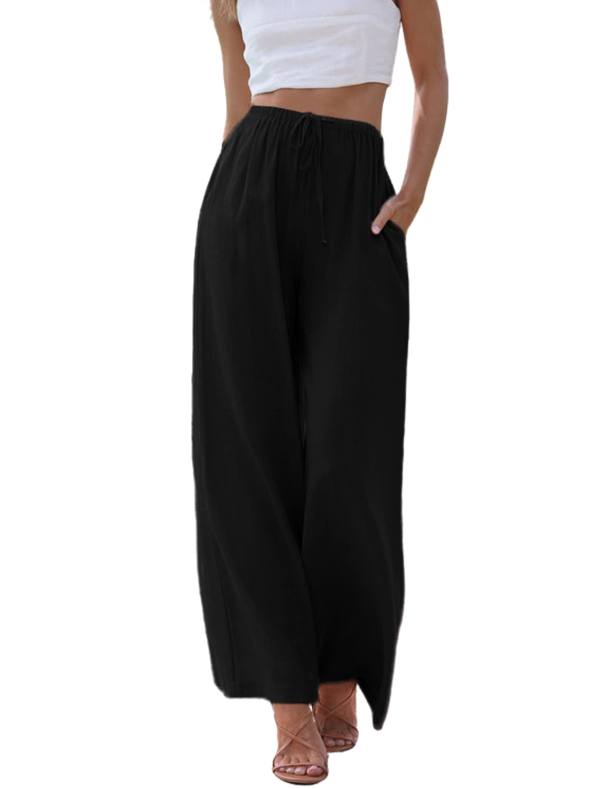 Cegerne Pantalon en Lin Femme Pantalon d'été Léger Pantalon décontracté Long Jambes Larges Pantalon Mousseline Palazzo Aéré Ample Pantalon de Plage d'été avec Poches
