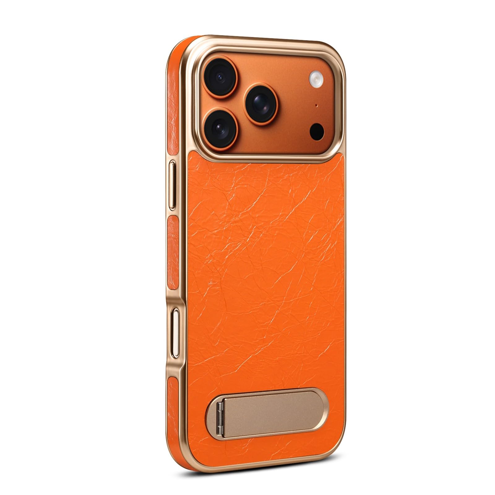 Coque iPhone 15 Pro Max rigide antichoc orange avec béquille cuir