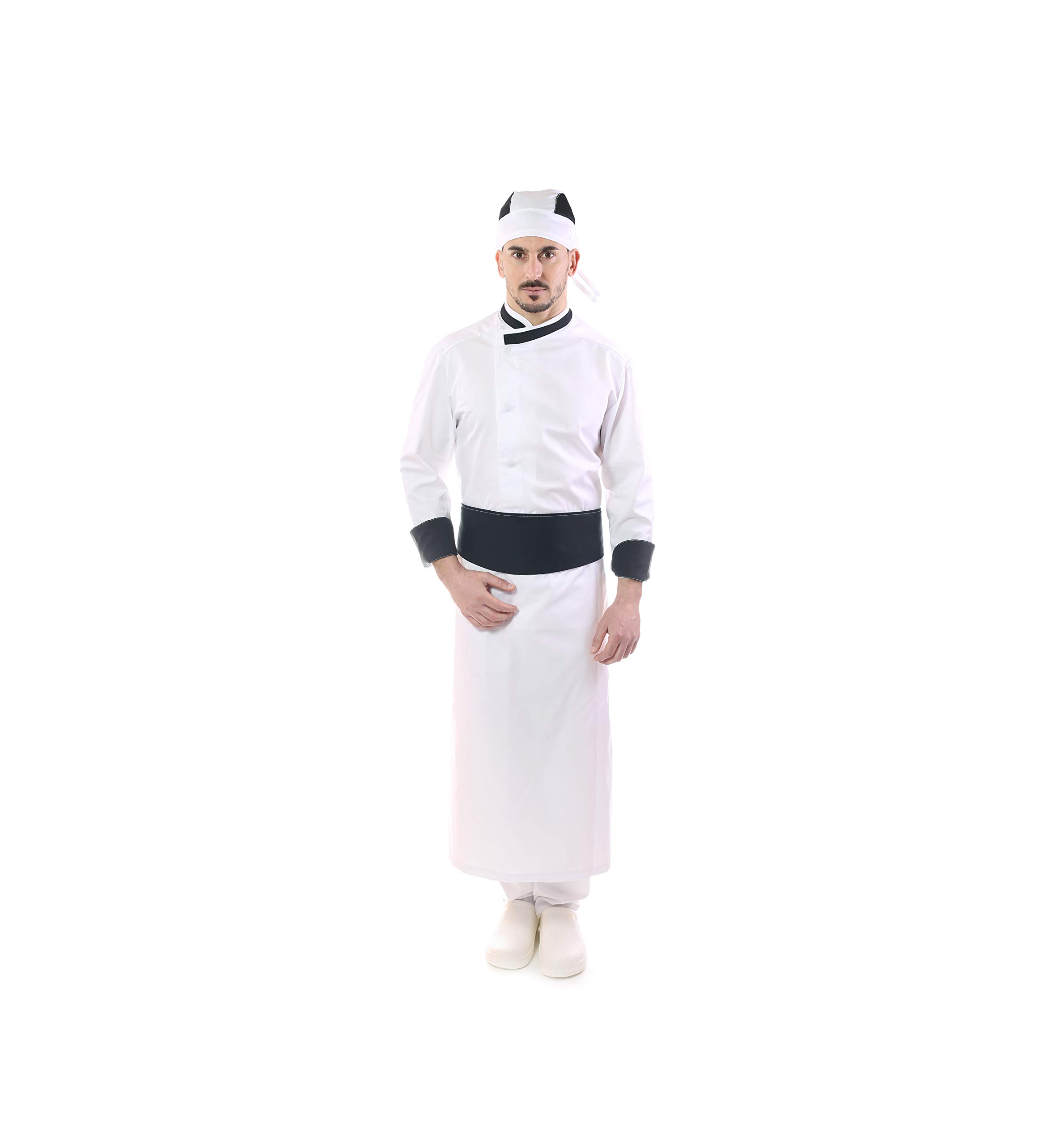Ricamo Gratuito - Completo Cuoco e Chef Bianco - Profili Neri - Uomo - Doppio Collo - 4 PZ - Giacca, Pantalone, Davantino e Bandana - Divisa per Cucina e Ristorante - Made in Italy