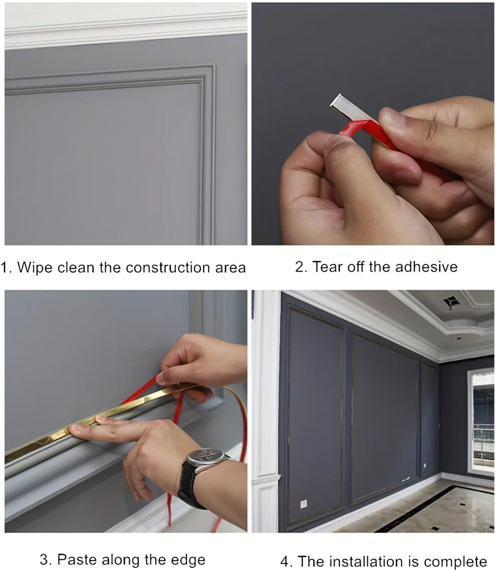 Metallic Gold Mirror Border Trim, Peel and Stick PVC Wall Molding Trim Tape, Self Adhesive Waterproof Decorative Trims for Wall, Cabinet, Kitchen, Home, Bathroom, Crafts, 0.43×196.85in