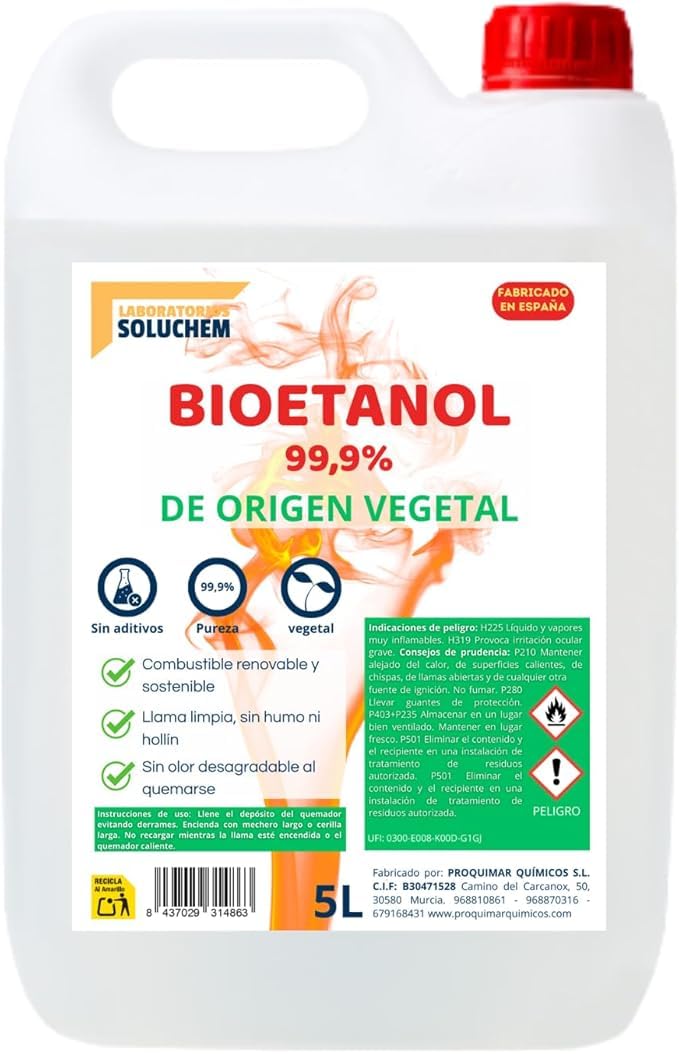 Bioetanol 99,9% Origen Vegetal | Con Cánula | Combustible Limpio para Chimeneas de Bioetanol | Sin Humo ni Olor | Ecológico y Renovable | Apto para Quemadores y Estufas de Bioetanol (5 litros) — view 2