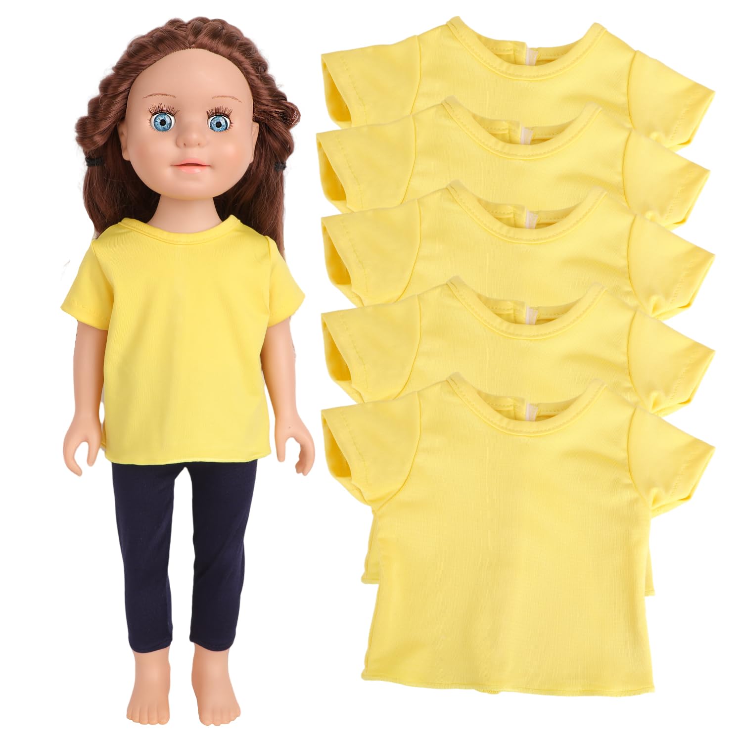 Augfrog 5-Piece Yellow T-Shirts for 17-18 Inch Dolls | Plain Short Sleeve Tees for DIY Customization