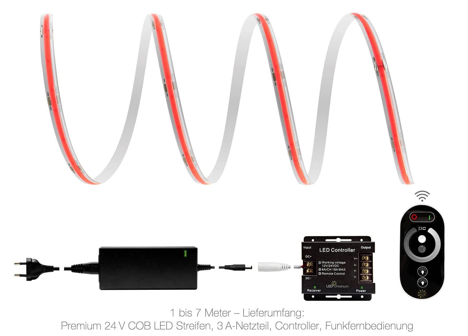 LED Universum Juego de tiras LED COB rojas con mando a distancia, controlador y fuente de alimentación, filamento prémium, 24 V, IP65, monocolor (1 metro)