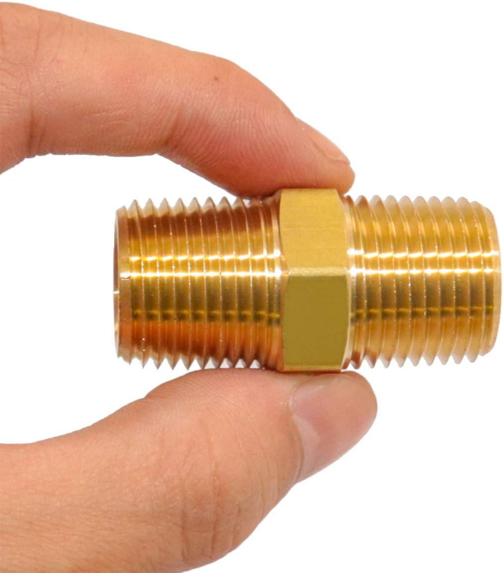 KOOTANS 3/8 NPT x 3/8 NPT Male Solid Brass Nipples Heavy Brass Pipe Adapter Fittings Equal Hex Nipple Connectors 4Pieces