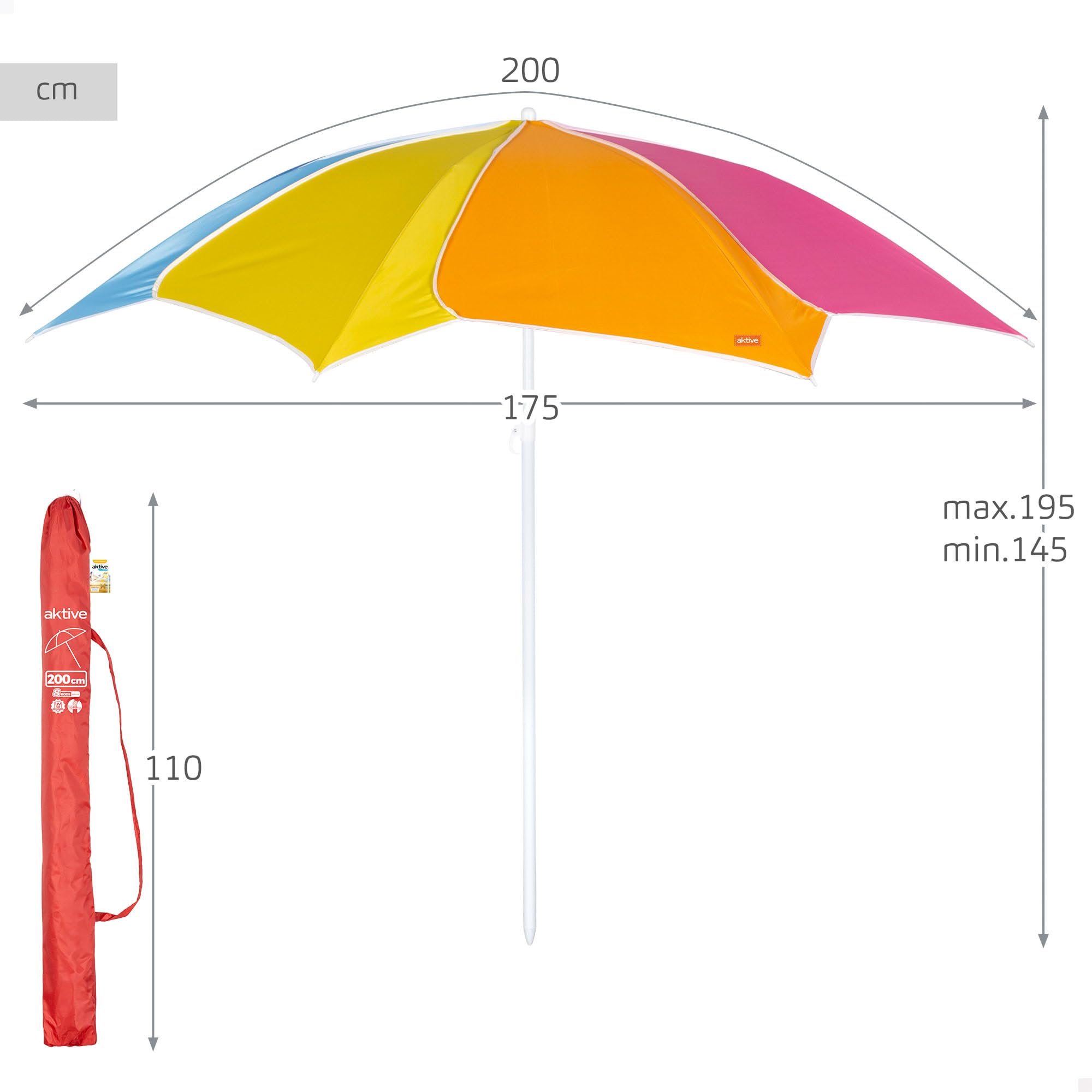 AKTIVE Beach 62525 Parasol de plage inclinable, diamètre 200 cm, design multicolore, protection UV50, matériau Oxford, avec 8 baleines, pour extérieur, jardin, terrasse