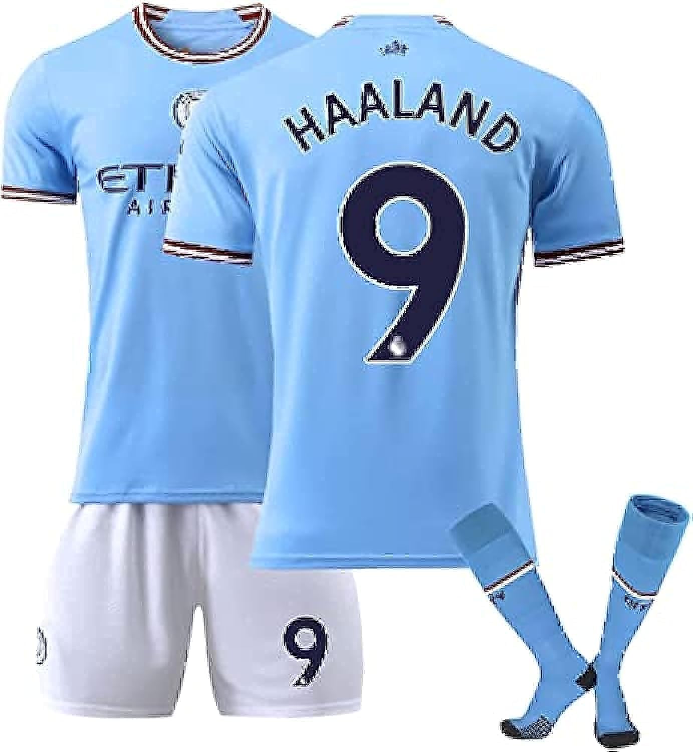 Haaland No.9 Manchester Home Blue Football Soccer Jersey/Shorts Socks Gift Set Youth Sizes (L)