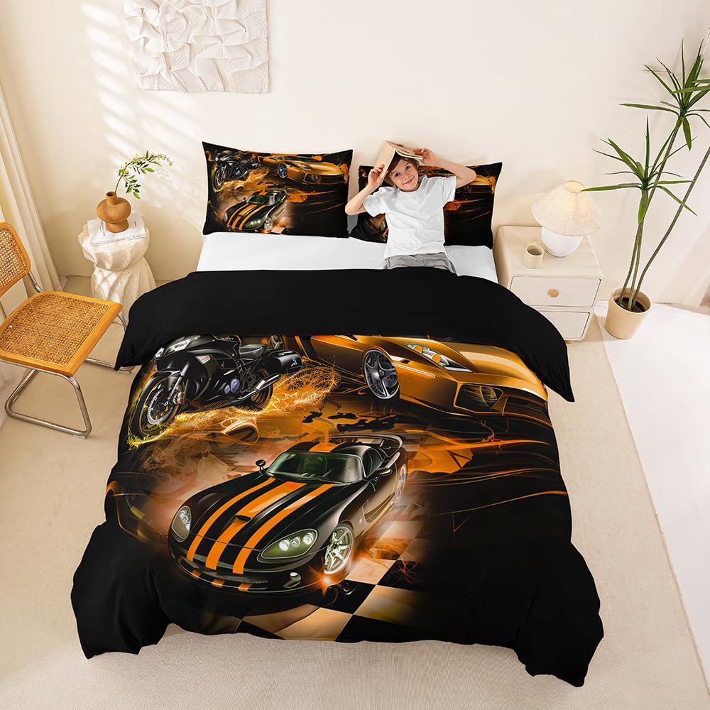 Homemissing Racing Car Bedding Set for Kids Double Size, Race Car Comforter Cover Sports Duvet Cover Extreme Sports Bedspread Cover Microfiber Bed Set With 2 Pillow Case (No Comforter)
