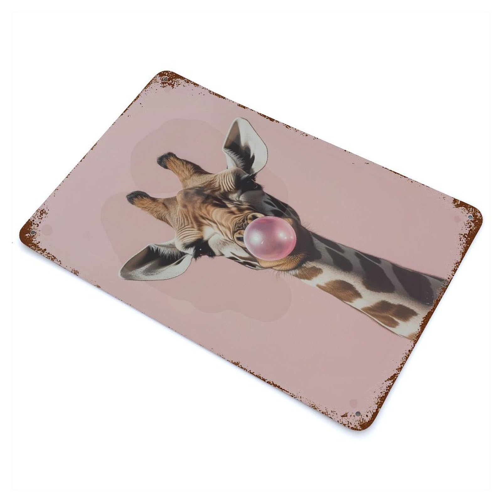 Giraffe Blowing Pink Bubble Gum 11.8"x7.9" Rusty Metal Tin Sign, Shabby Chic Decor for Bistro, Counter And Cafe Decor