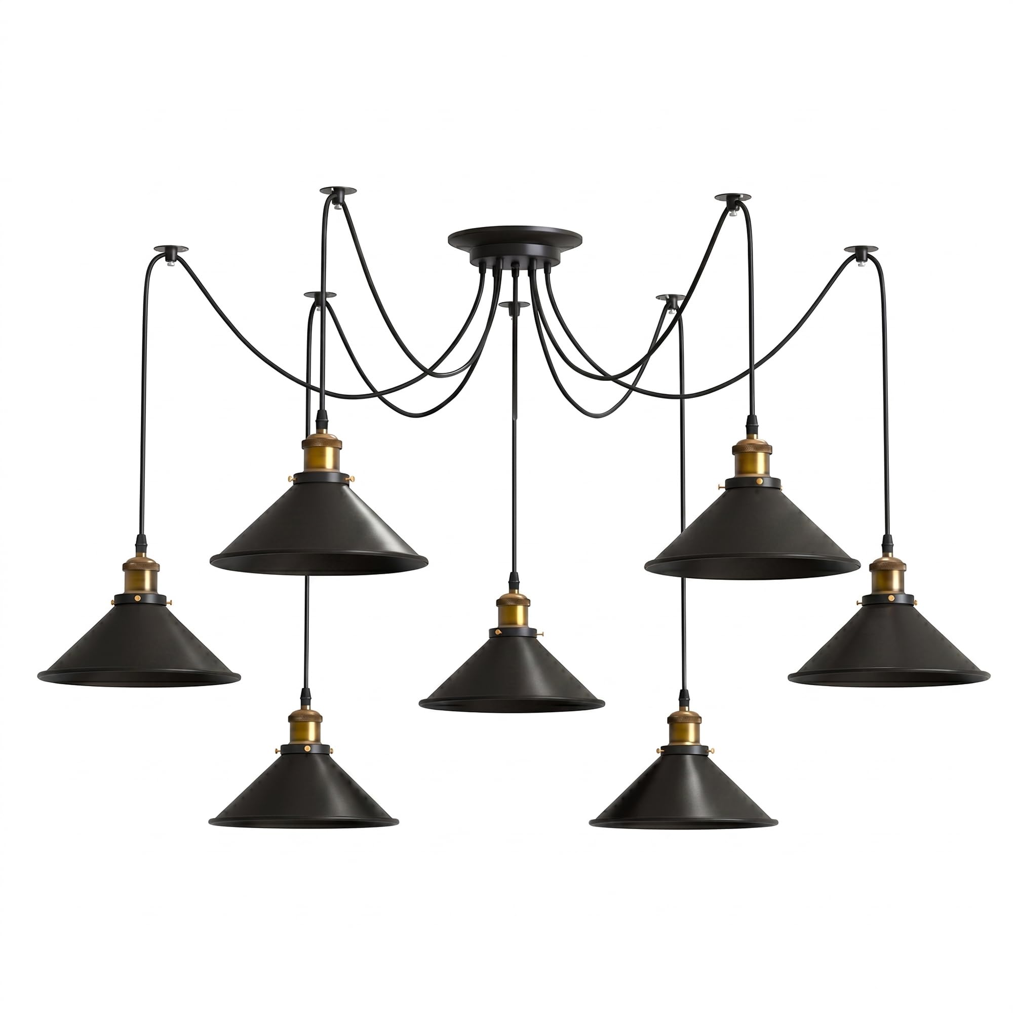 LEDSone Vintage Black Spider Pendant Light 7 Head, Cone Shaped Metal Shades with Adjustable 2M Cord, Easy Fit Industrial Ceiling Light for Kitchen Dining Room Cafe