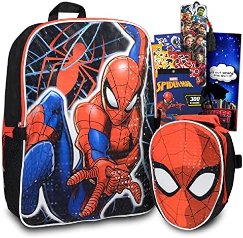 Marvel Shop Spiderman Backpack With Lunch Box For Boys ~ 5 Pc Bundle With 16 Inch Spiderman School Bag For Kids, Spiderman Lunch Bag, Stickers, And More | Spiderman School Supplies
