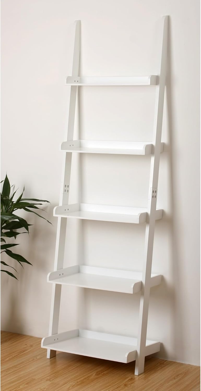 eHemco Modern 5 Tier Wall-Leaning Ladder Bookshelf Organizer, Storage Rack, 70 Inches, White