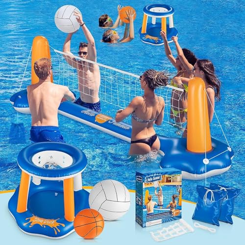 WELIN Pool Volleyball & Basketball Hoop Set, 2-in-1 Swimming Pool Water Game with 2 Balls 2 Weight Bags, Inflatable Floating Set, Summer Indoor Outdoor Water Toys for Adults Family Teens Kids 8+