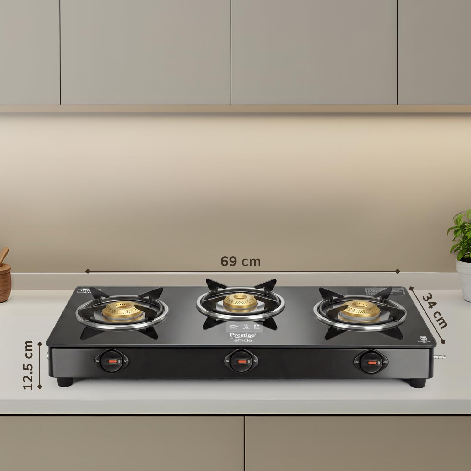 Prestige Efficia Gas Stove with dimensions: 69 cm width, 34 cm depth, 12.5 cm height