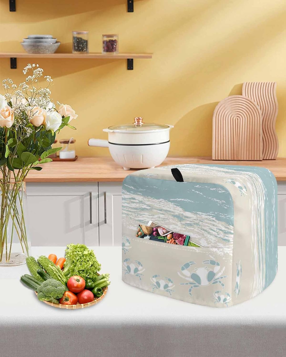 Blue Coastal Crabs Stand Mixer Cover with Storage Pocket, Waterproof Kitchen Mixer Covers, Summer Beach Ocean Abstract Art Kitchen Appliance Dust Cover Compatible with 4/4.5 Quart Mixers