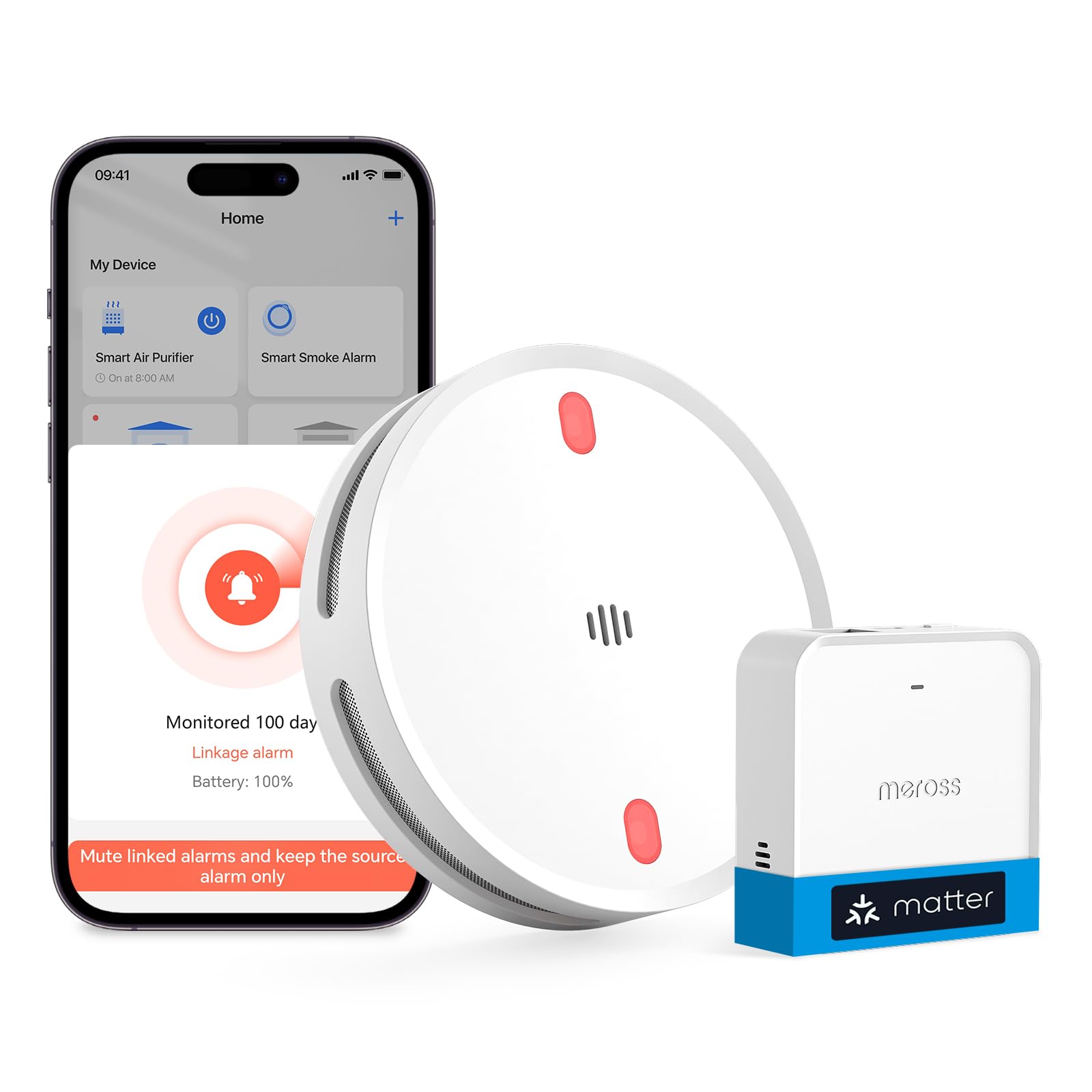 Meross Matter Detector de Humo con Hub MSH450, Alarma de Incendio WiFi